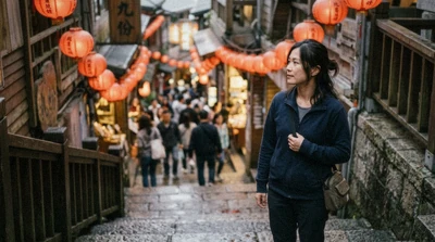 Lin Yu-Ting, licensed Taipei guide, on the lantern-lit steps of Jiufen Old Street above the northeast coast of Taiwan