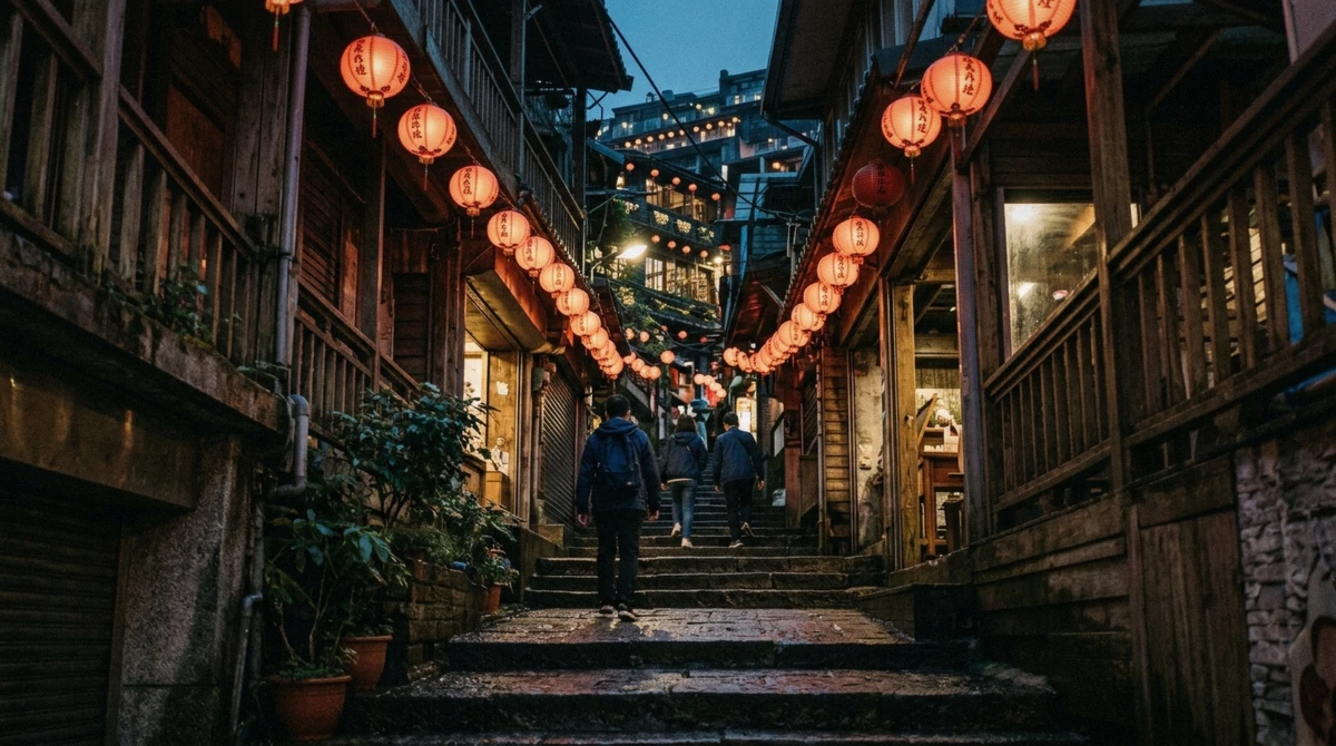 Red lanterns glowing over the stepped alley at Jiufen Old Street after sunset, the evening stop on the coastal Taipei tours in Taiwan