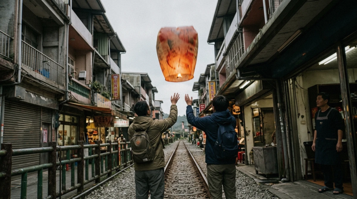Travellers releasing a painted sky lantern on the railway tracks at Shifen Old Street, the signature stop on the coastal Taipei tours in Taiwan