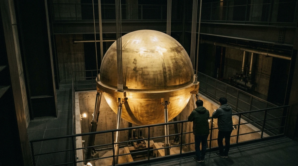 The golden 660-tonne tuned mass damper sphere hanging in its shaft inside the Taipei 101 observatory, Taipei, Taiwan