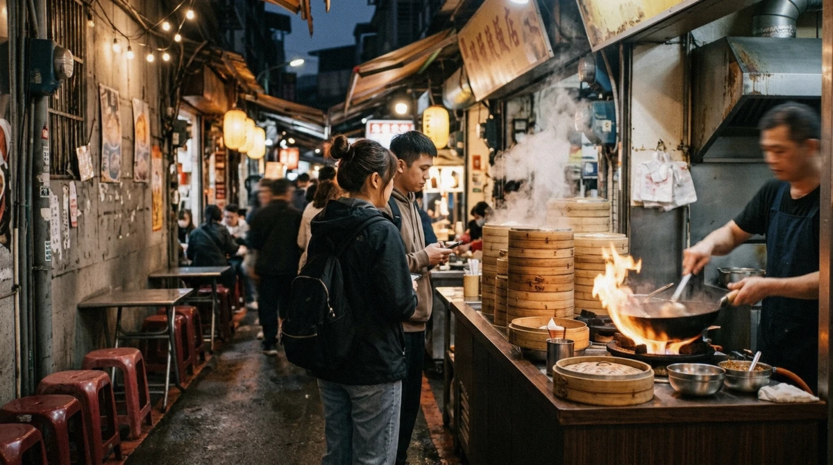 Steamer baskets and a wok stall glowing under strip lights in a Taipei market lane on an evening food tour, Taipei, Taiwan