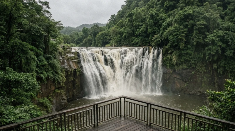 Shifen Waterfall in full flow on a private northern Taiwan day tour, one of the day-trip Taipei tours in Taiwan